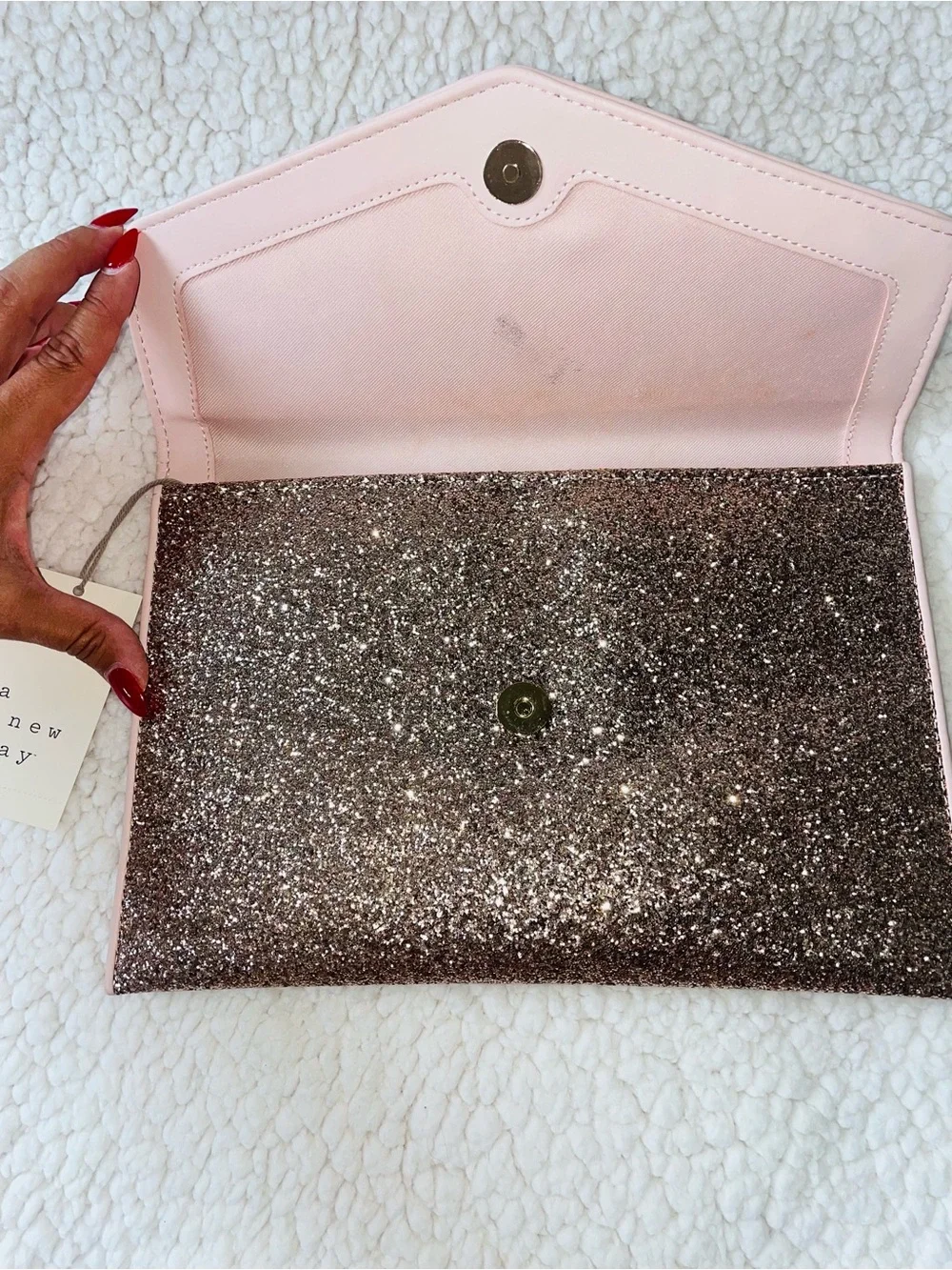 a new day Glitter Envelope Clutch - Rose Gold with Pink Trim